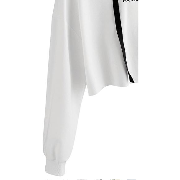 White  Long Sleeve Crop Top Sweatshirt Hoodies - Picture 4 of 8